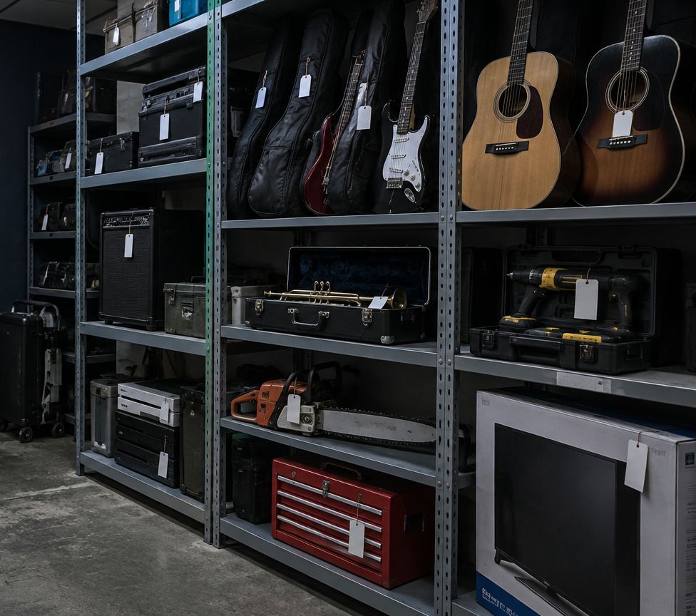 A pawn shop's back room: tagged guitars, an amplifier, a trumpet case, a drill kit, a chainsaw, a red tool chest and a boxed TV on steel shelves.