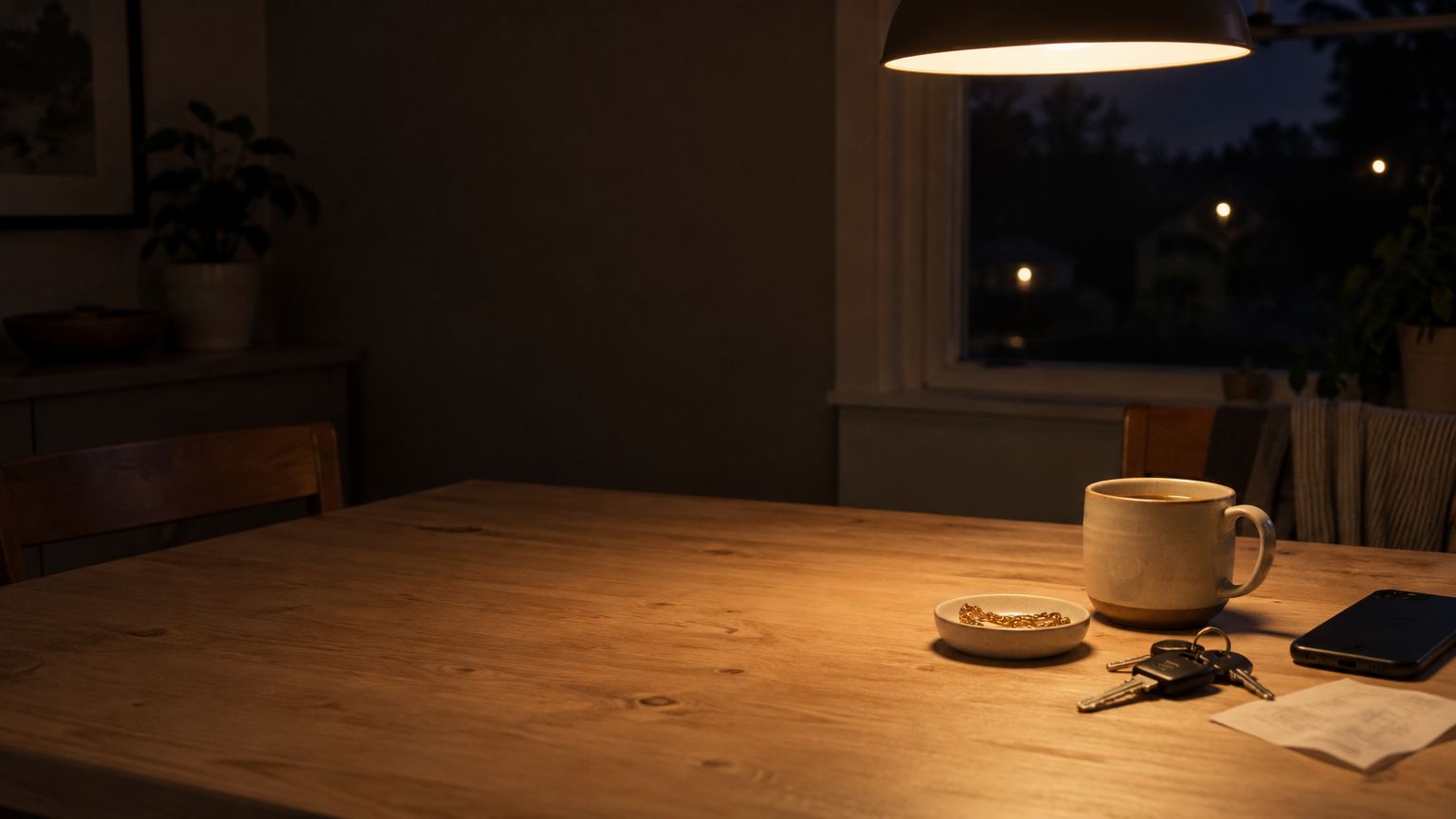 A kitchen table late at night under one pendant lamp: a mug of coffee, car keys, a gold bracelet in a dish and a phone lying face down.